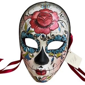 Day of the Dead  New Hand Painted Italian Masquerade Mask Red Rose Blue‎ Flowers